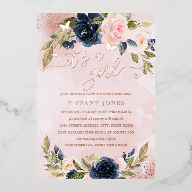ROSE GOLD FOIL Navy Pink Floral Baby Dusche Folieneinladung (Vorderseite)