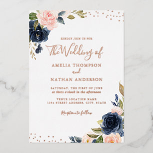 ROSE GOLD FOIL Navy Pink Floral Wedding Folieneinladung