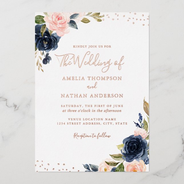 ROSE GOLD FOIL Navy Pink Floral Wedding Folieneinladung (Vorderseite)
