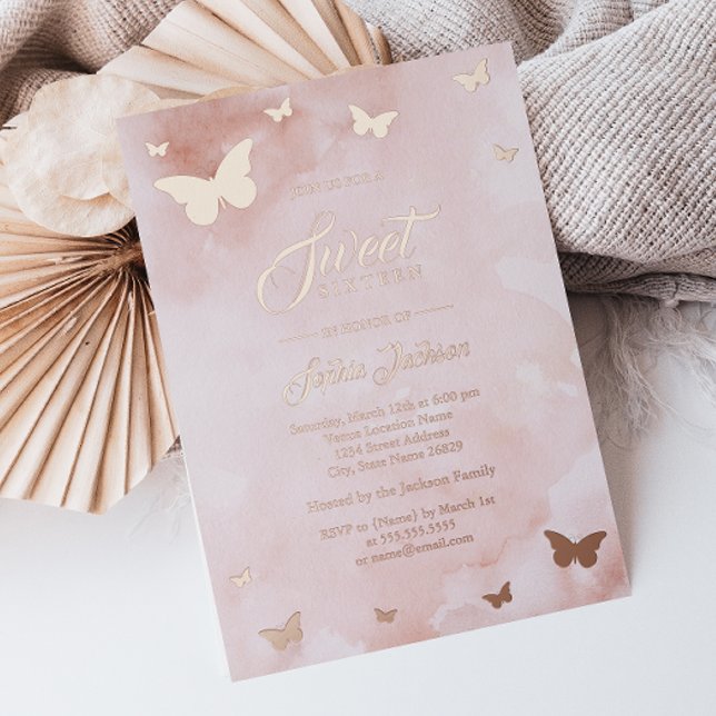 ROSE GOLD FOIL Pink Butterfly Sweet 16 Party Folieneinladung (Von Creator hochgeladen)