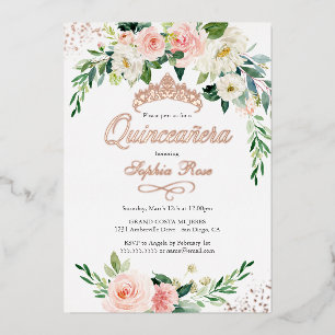 ROSE GOLD FOIL Pink Floral Quinceanera Folieneinladung