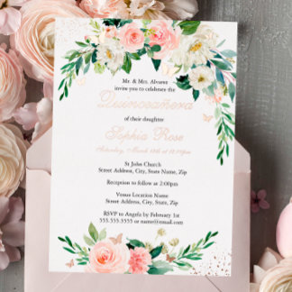 ROSE GOLD FOIL Pink Floral Quinceanera Folieneinladung