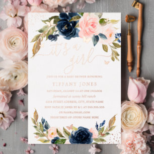 ROSE GOLD FOIL Pink Navy Floral Baby Dusche Folieneinladung