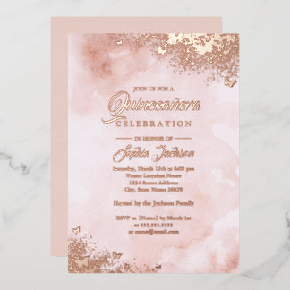 ROSE GOLD FOIL Pink Peach Butterfly Quinceanera Folieneinladung