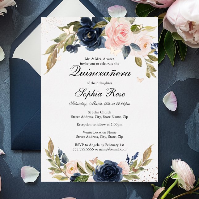 ROSE GOLD FOIL Rosa Navy Floral Quinceanera Folieneinladung (Von Creator hochgeladen)