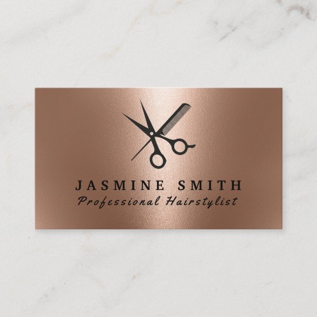 Rose-Gold-Foil-Schere und Comb-Logo Visitenkarte (Vorderseite)