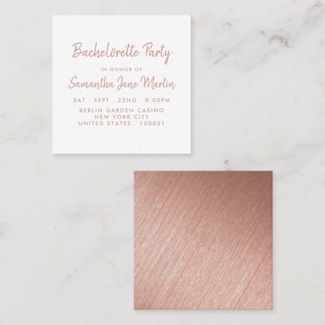 Rose Gold Foil & Script Junggeselinnen-Abschied Ti Quadratische Visitenkarte (Vorne/Hinten)