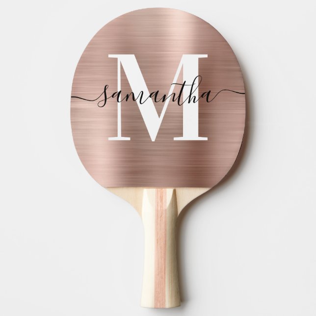 Rose Gold Foil Signature Modernes Monogramm Foto Tischtennis Schläger (Vorderseite)