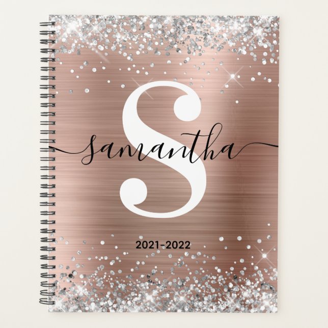 Rose Gold Foil Silver Glitzer Style Monogram Planer (Vorderseite)