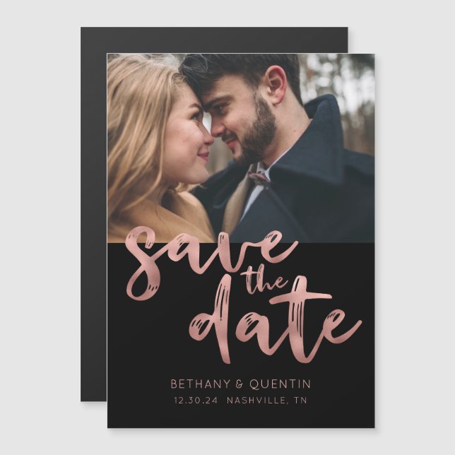 Rose Gold Foil-Skript auf Schwarz Save the Date Fo Magneteinladung (Vorne/Hinten)