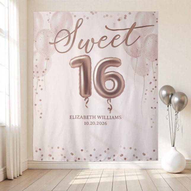 Rose Gold Foil Sweet 16 Balloons Rosa Hintergrund Wandteppich (Von Creator hochgeladen)