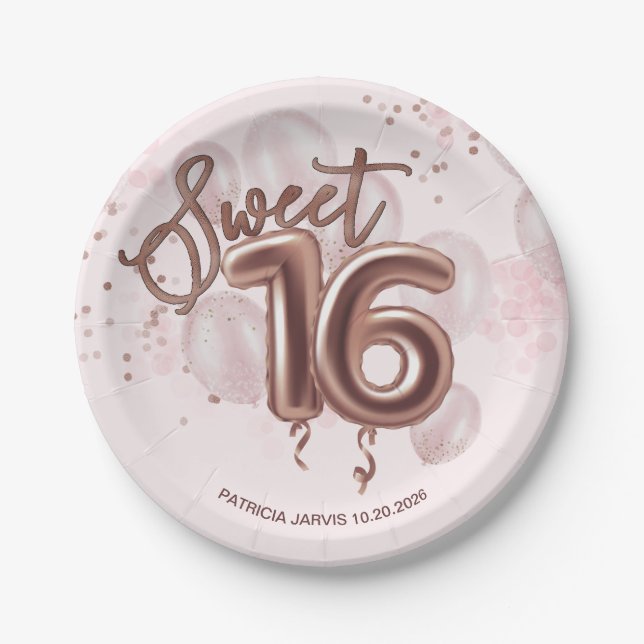Rose Gold Foil Sweet 16 Bday Balloons Party Rose Pappteller (Vorderseite)