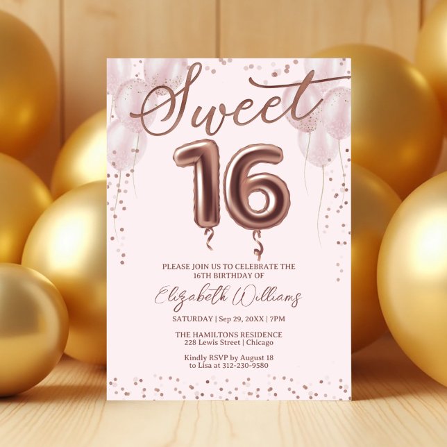 Rose Gold Foil Sweet 16 Birthday Balloons Rosa Einladung (Von Creator hochgeladen)