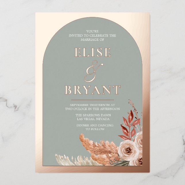 Rose Gold Foil Text Arch Boho Blumenhochzeit Folieneinladung (Vorderseite)