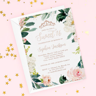 ROSE GOLD FOIL Tiara Pink Floral Sweet 16 Folieneinladung