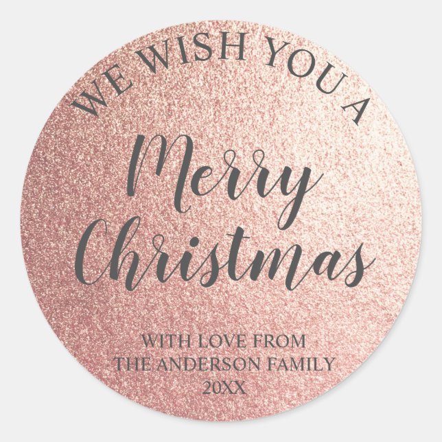 Rose Gold Foil und Gray Script Frohe Weihnachten Runder Aufkleber (Vorderseite)