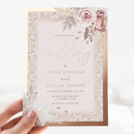 Rose Gold Foil Vintage Border Blush Floral Wedding Folieneinladung
