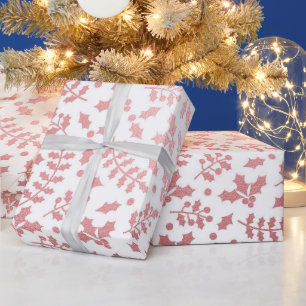 Rose Gold Foil & White Holly Weihnachten Geschenkpapier