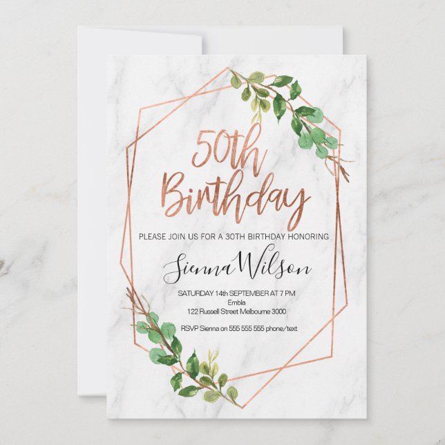 Rose Gold Foliage 50. Geburtstag Einladung (Vorderseite)