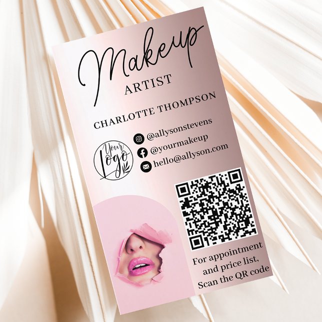 Rose Gold Folienschminke Logo Qr Code 2 Fotos Visitenkarte (Rose Gold foil makeup logo Qr code 2 photos Business Card)