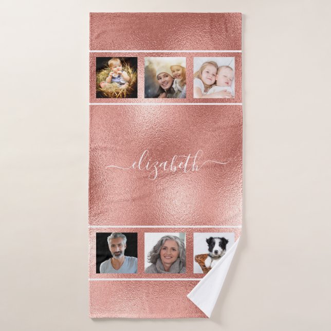 Rose Gold Foto Collage Monogramm Skript Badehandtuch (Badehandtuch)