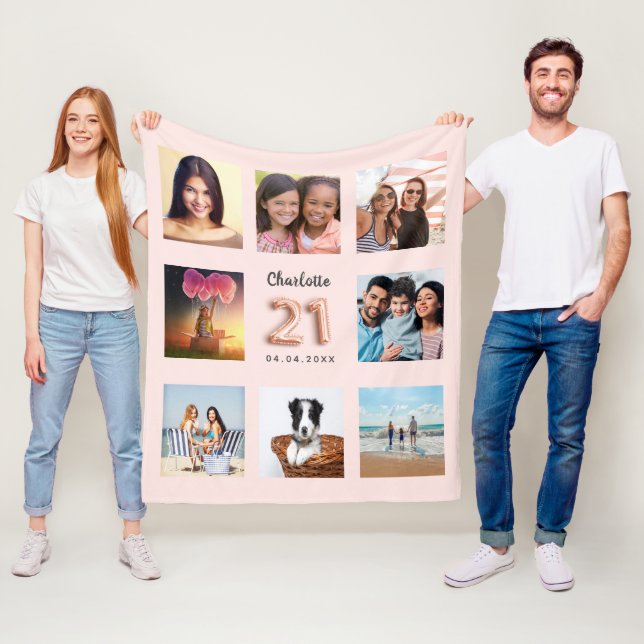 Rose Gold Foto Collage Name 21. Geburtstag Fleecedecke (Beispiel)