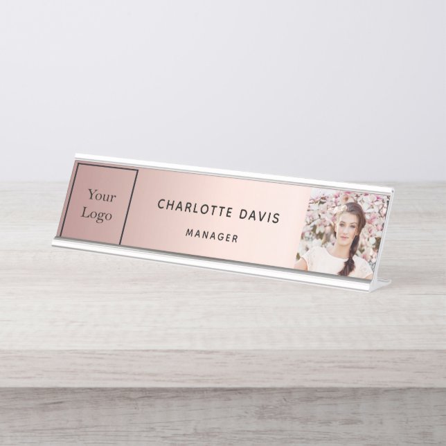 Rose Gold Foto elegantes Geschäftslogo Schreibtischnamensplakette (Vorderseite )