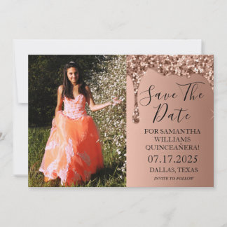 Rose Gold Foto Glitzer Tropfen Quinceanera Save The Date