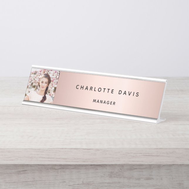 Rose Gold Foto Monogram Schreibtischnamensplakette (Vorderseite )