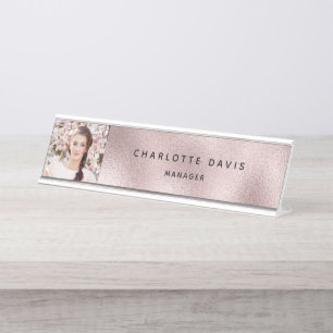 Rose Gold Foto Monogramm moderner Mitarbeiter Schreibtischnamensplakette
