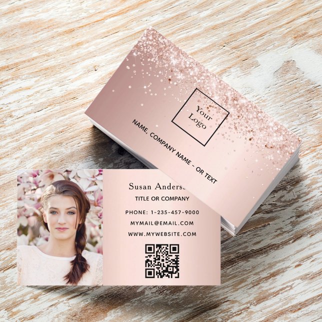 Rose Gold Foto QR-Code Glitzer Staubweibchen Visitenkarte (Von Creator hochgeladen)