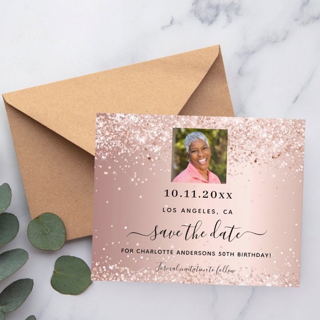 Rose Gold Foto Save the Date Geburtstag Flyer (Von Creator hochgeladen)