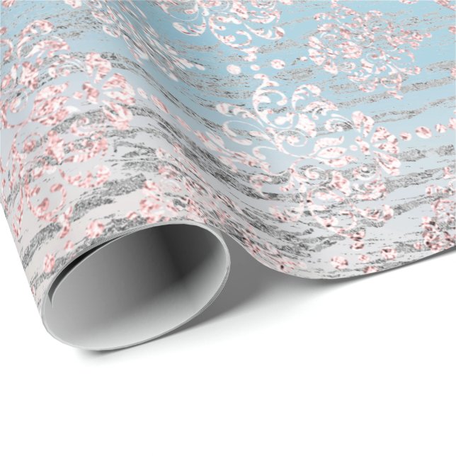 Rose Gold Foxier Damask Wood Pink Blue Grau Geschenkpapier (Rolleneckpunkt)