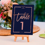 Rose gold frame script navy blue table number tischnummer<br><div class="desc">rose Gold typography on customizable navy blue rose gold half frame,  and faux rose gold geometric stripes chic table number wedding ,  perfect for elegant,  beach wedding, </div>