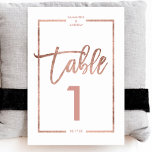 Rose Gold-Frame-Skript, weiße Tischnummer<br><div class="desc">Rose Gold Typografie auf anpassbaren weißen Rosengold Halbrahmen,  und Imitate Rose goldene geometrische Streifen schicke Tischnummer Hochzeit ,  ideal für elegante,  Strand Hochzeit, </div>