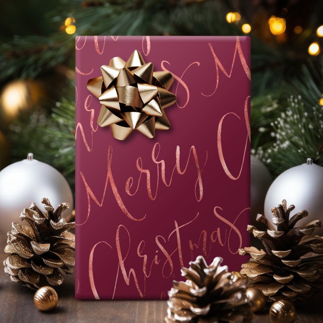 Rose Gold Frohe Weihnachtskalligraphie Bordeaux Geschenkpapier (Rose Gold Merry Christmas Calligraphy burgundy Wrapping Paper)