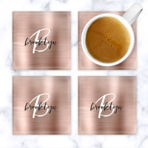 Rose Gold gebürstetes Metall-Schriftmonogramm  Glasuntersetzer