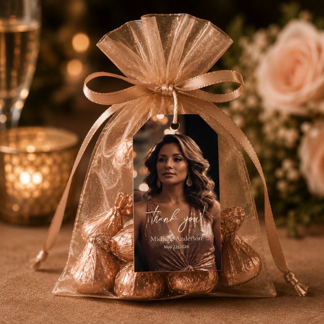 Rose Gold Geburtstags-Dankeschön Geschenkanhänger (Elegant thank you favor tag on a sheer organza gift pouch.)