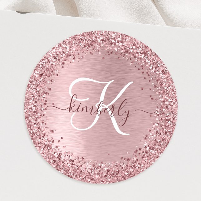 Rose Gold gegossener Glitzer Monogram Name Clas Runder Aufkleber (Von Creator hochgeladen)