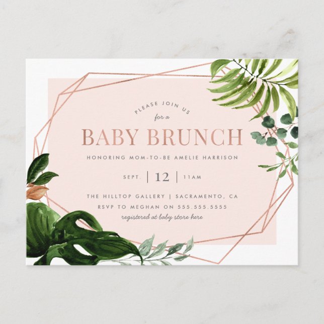 Rose Gold Geometric Greenery Baby Brunch Einladungspostkarte (Vorderseite)