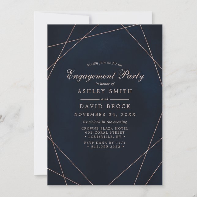 Rose Gold Geometric Midnight Blue Engagement Party Einladung (Vorderseite)