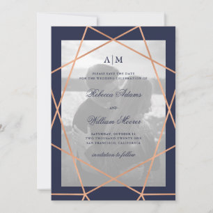 Rose Gold Geometric und Midnight Blue Foto Save The Date