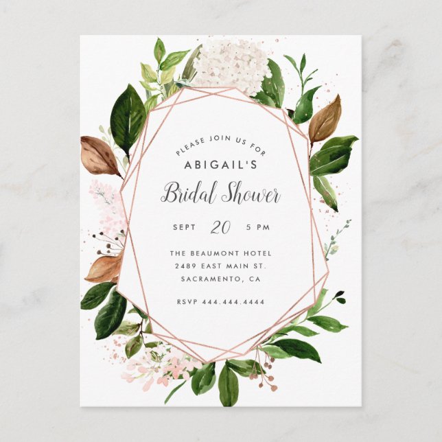 Rose Gold Geometric Watercolor Floral Bridal Showe Einladungspostkarte (Vorderseite)