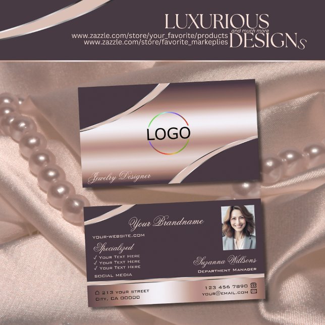 Rose Gold geschwungene Dekorlinien Logo-Foto Visitenkarte (Von Creator hochgeladen)
