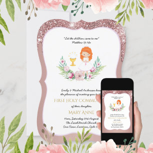 Rose Gold Girls Floral Erste Heilige Kommune Einladung