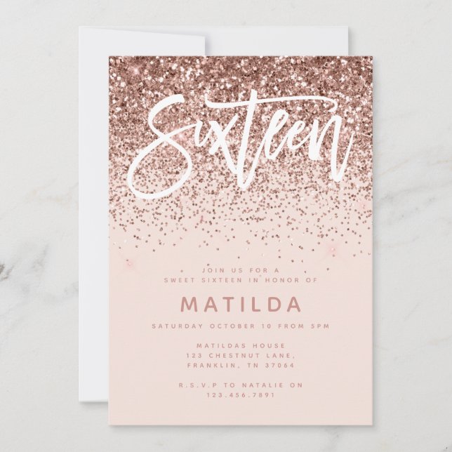 Rose Gold Girly Glitzer Moderne süße 16 Geburtstag (Vorderseite)