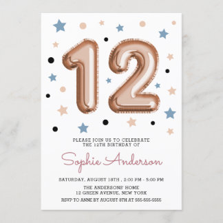 Rose Gold Girly Modern Balloon 12. Geburtstagspart Einladung
