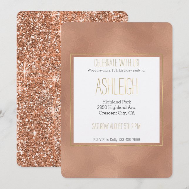 Rose Gold Glam Birthday Einladung (Vorne/Hinten)