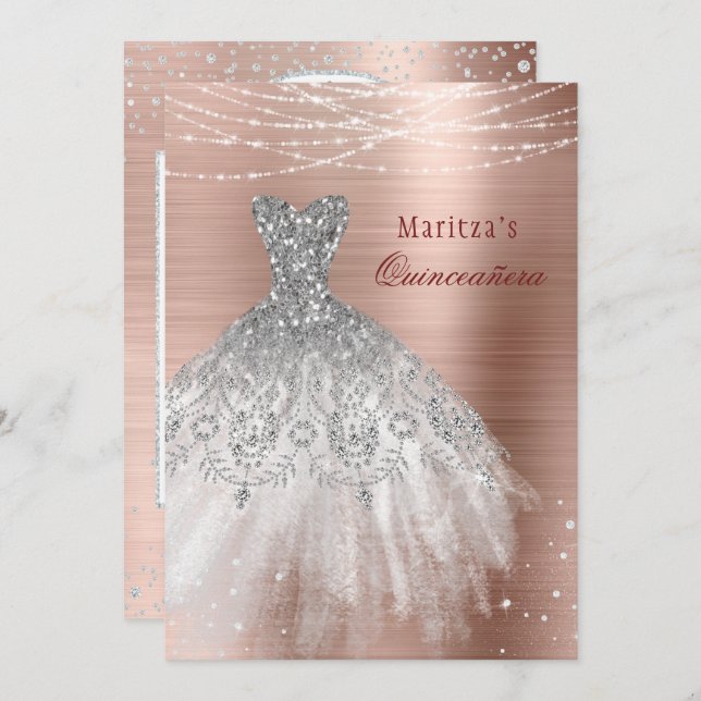 Rose Gold Glam Diamond Sparkle Quinceañera Einladung (Vorne/Hinten)