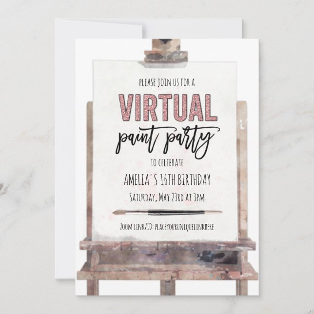 Rose Gold Glam Easel Virtual Paint Party Geburtsta Einladung (Vorderseite)